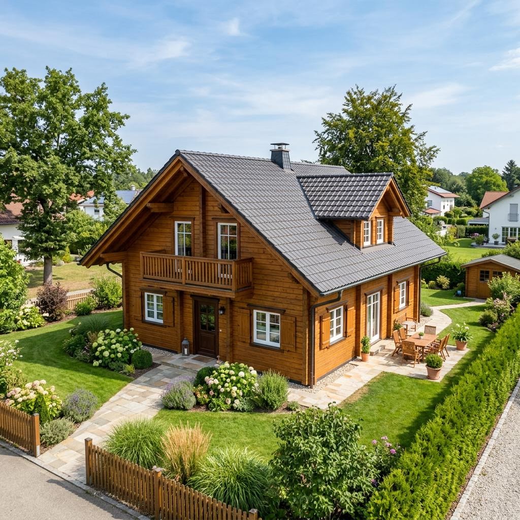 Blokhut Blockhaus Lodge 138 van Léonwood Holz-Blockhaus met zadeldak — prefab woning van 138 m²