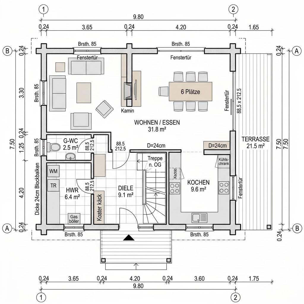 Plattegrond Blockhaus Lodge 138 van Léonwood Holz-Blockhaus — 138 m², 5 kamers