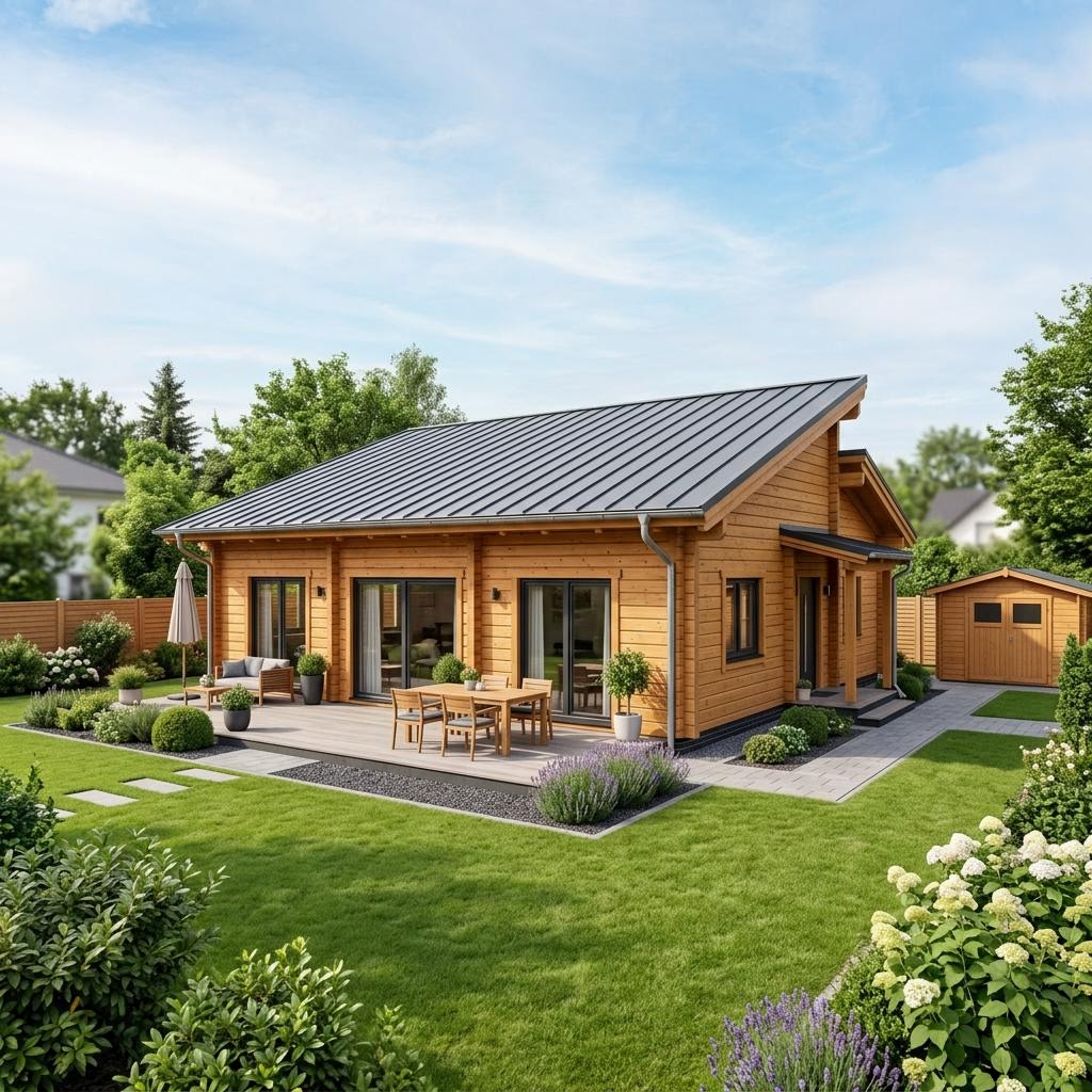 Blokhut Blockhaus Nordica 116 van Léonwood Holz-Blockhaus met lessenaarsdak — prefab woning van 116 m²