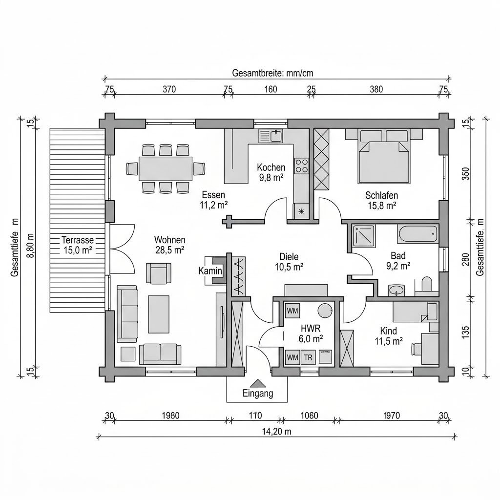 Plattegrond Blockhaus Nordica 116 van Léonwood Holz-Blockhaus — 116 m², 4 kamers