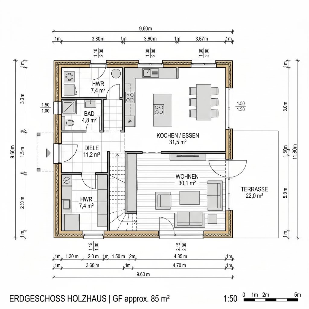 Plattegrond Blockhaus Quebec 168 van Léonwood Holz-Blockhaus — 168 m², 6 kamers