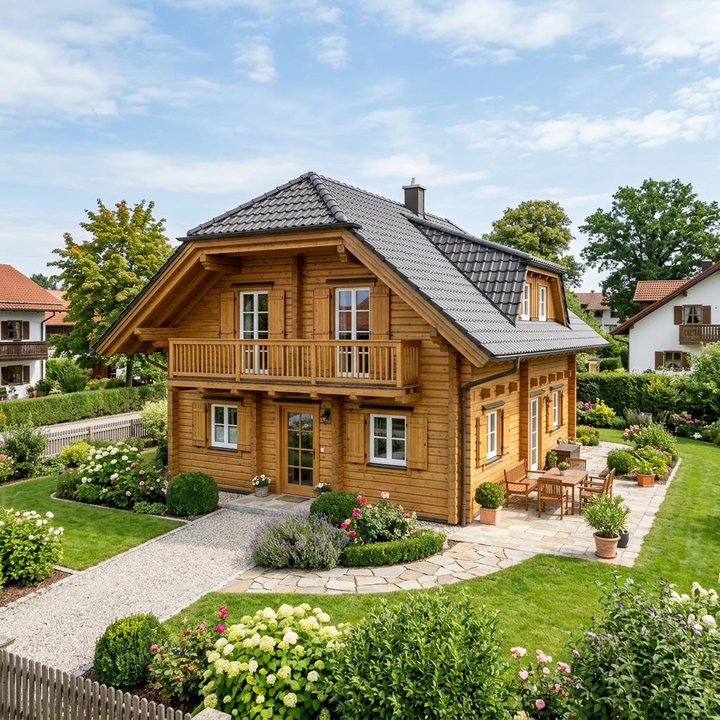 Blokhut Blockhaus Saga 152 van Léonwood Holz-Blockhaus met wolfsdak — prefab woning van 152 m²