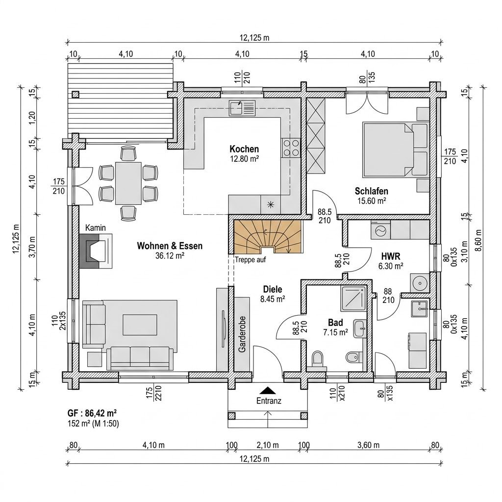 Plattegrond Blockhaus Saga 152 van Léonwood Holz-Blockhaus — 152 m², 5 kamers