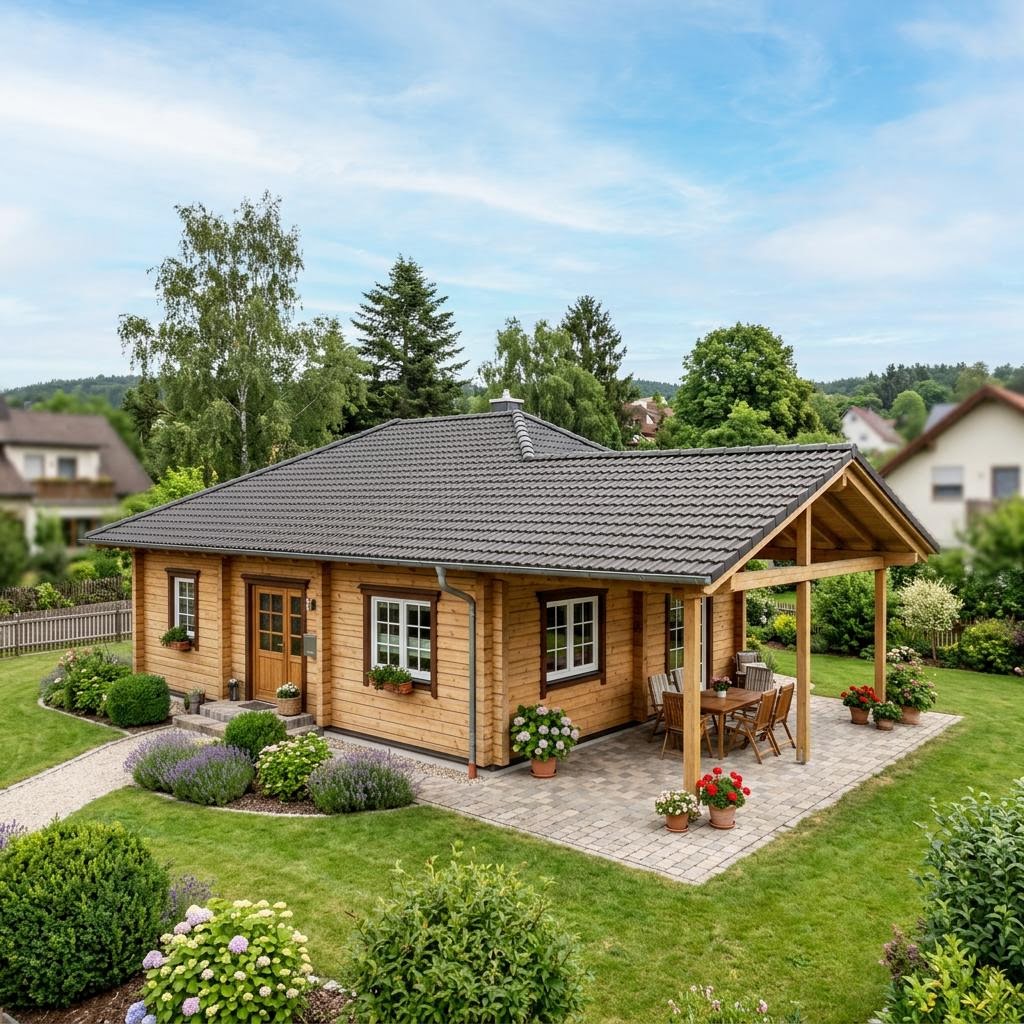 Blokhut Blockhaus Taiga 108 van Léonwood Holz-Blockhaus met aanslepend dakschild — prefab woning van 108 m²