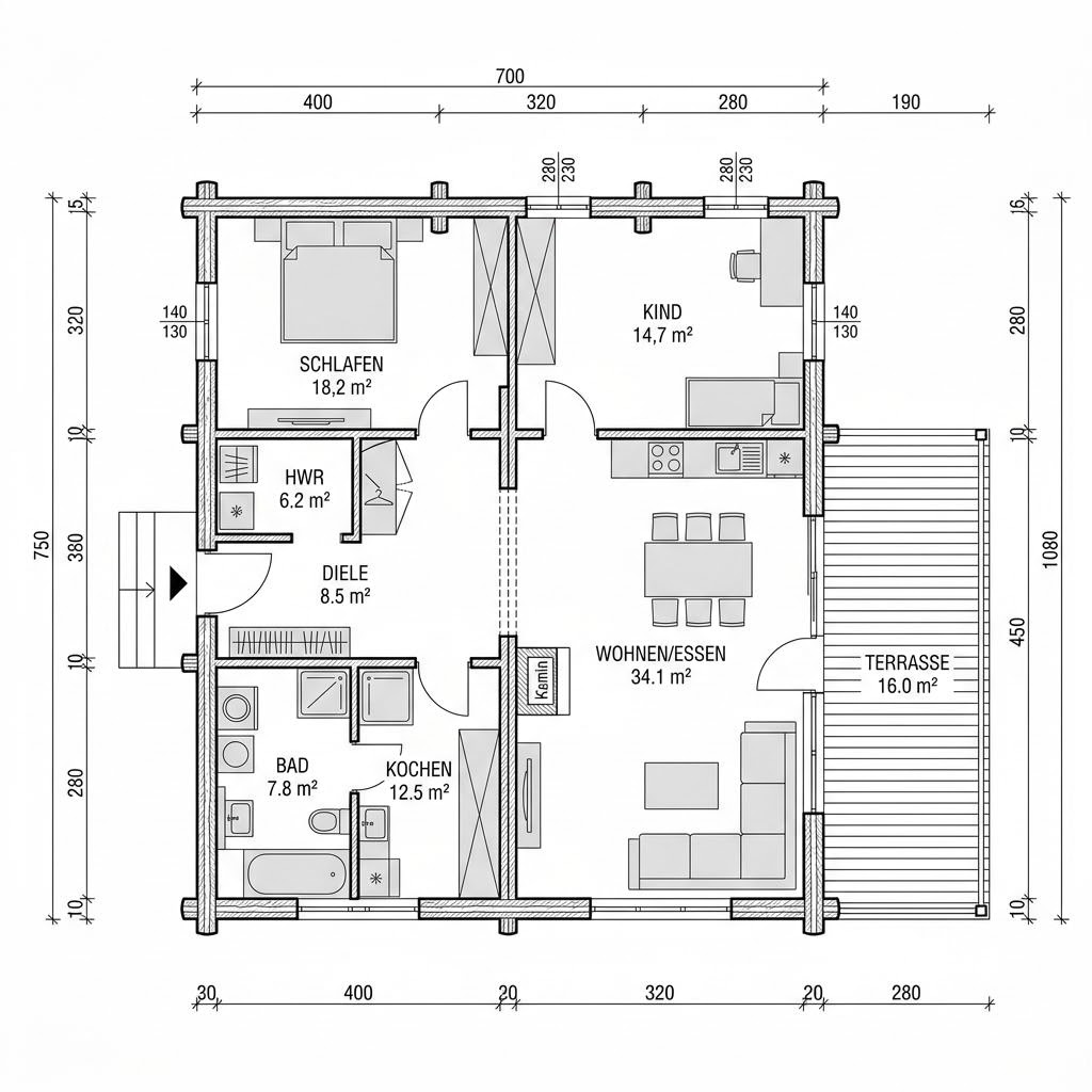 Plattegrond Blockhaus Taiga 108 van Léonwood Holz-Blockhaus — 108 m², 4 kamers