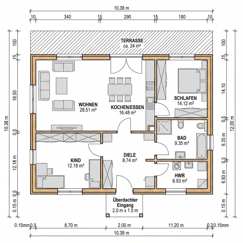 Plattegrond Blockhaus Yukon 108 van Léonwood Holz-Blockhaus — 108 m², 3 kamers