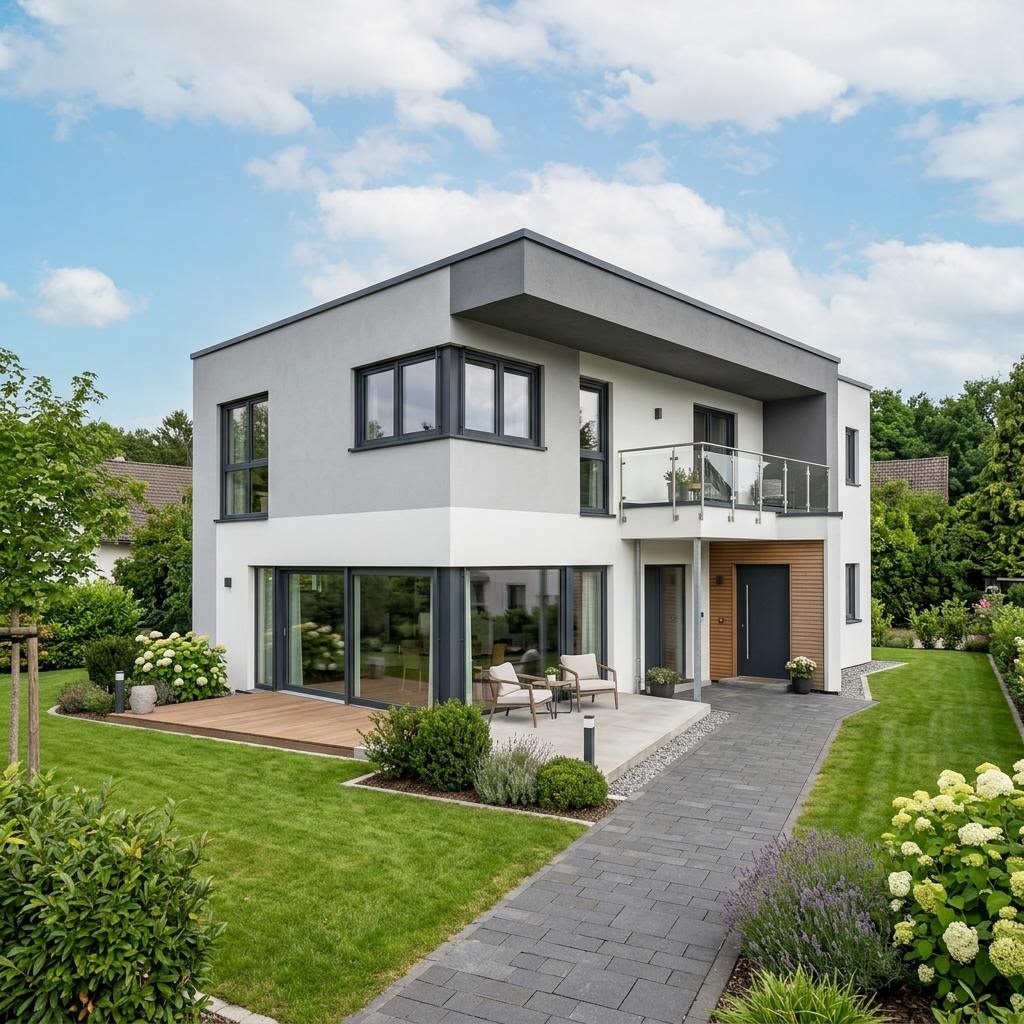 Kubuswoning Kubushaus Solution 140 van Living Fertighaus met plat dak — prefab woning van 140 m²
