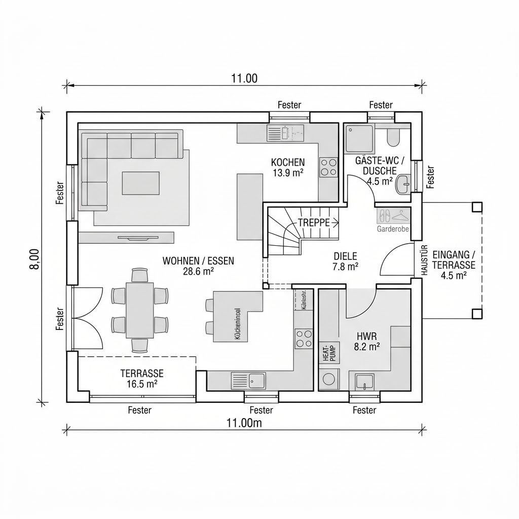 Plattegrond Kubushaus Solution 140 van Living Fertighaus — 140 m², 4 kamers
