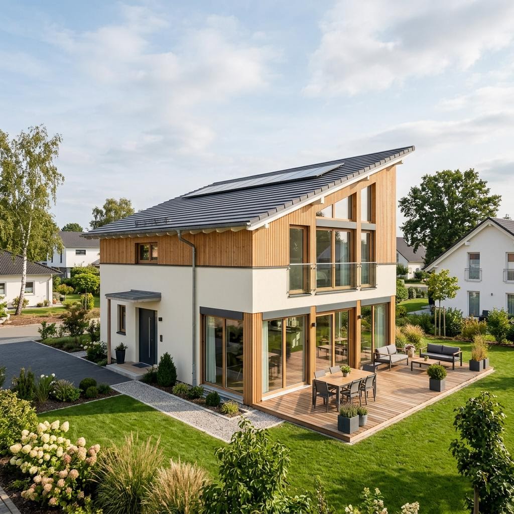 Eengezinswoning Solution Pult 138 van Living Fertighaus met lessenaarsdak — prefab woning van 138 m²