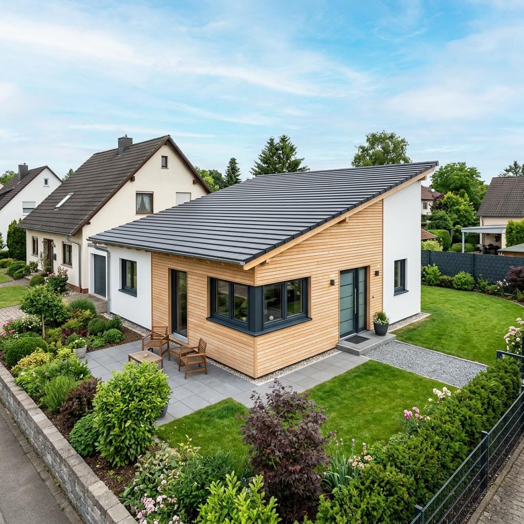 Aan- of opbouw Anbau Modul 66 van LUXHAUS met lessenaarsdak — prefab woning van 66 m²