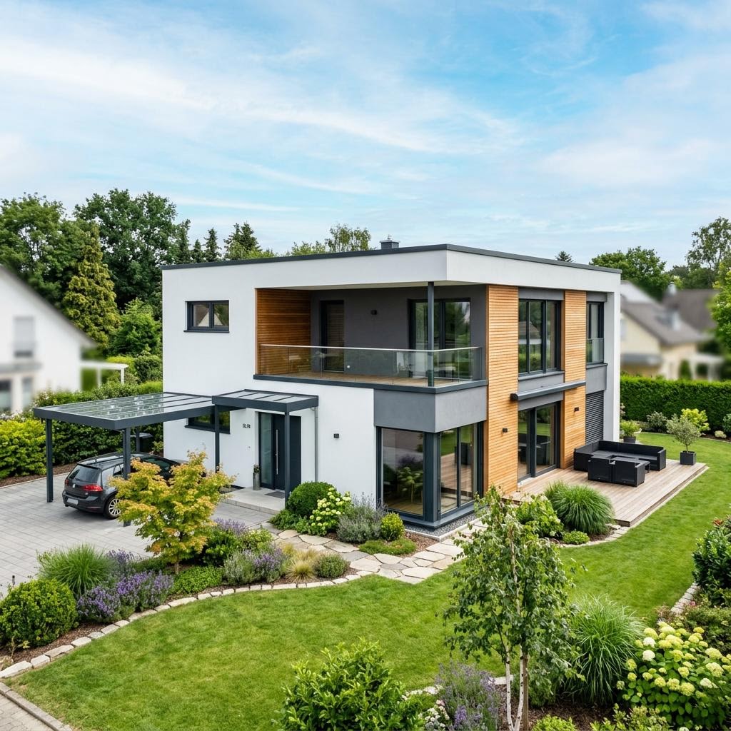 Woning met plat dak Flachdach Modern 160 van LUXHAUS met plat dak — prefab woning van 160 m²