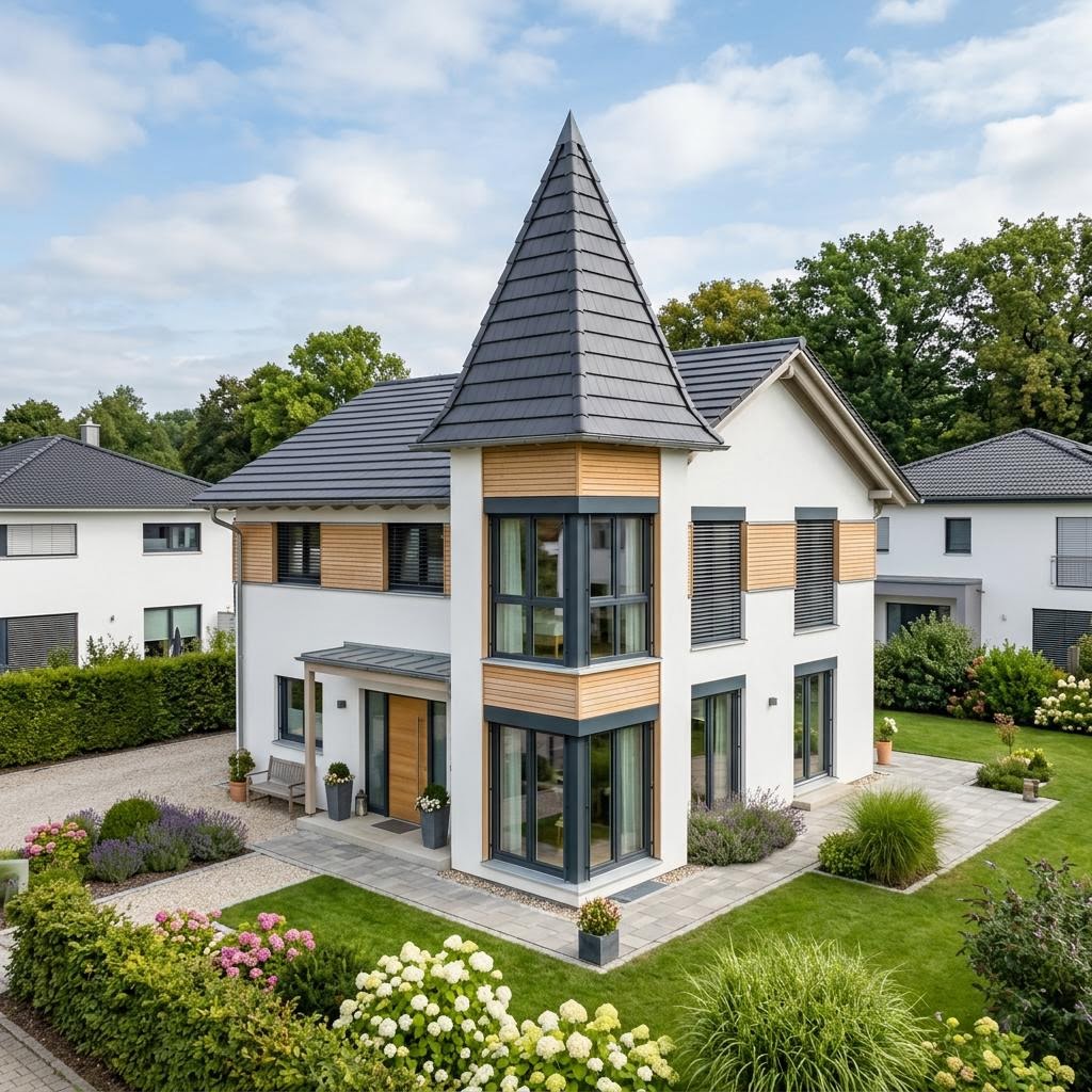 Compacte woning Singlehaus Turmvilla 105 van LUXHAUS met torenspits — prefab woning van 105 m²