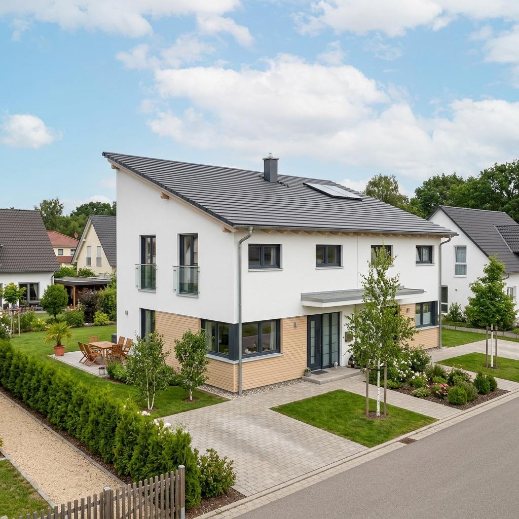 Twee-onder-een-kapwoning Doppelhaus Duo 142 van massa haus met lessenaarsdak — prefab woning van 142 m²