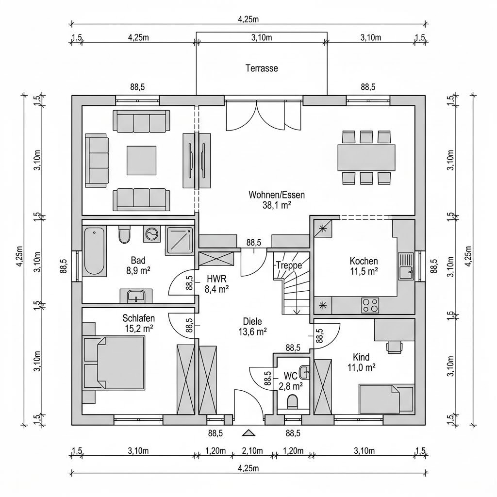 Plattegrond Lifestyle Sattel 140 van massa haus — 140 m², 5 kamers