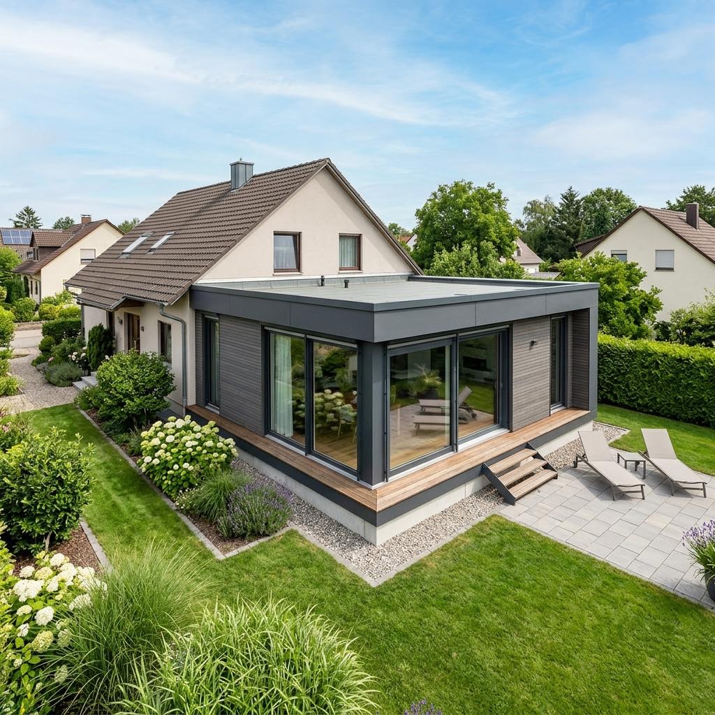 Aan- of opbouw Anbau Cube 45 van McCube met plat dak — prefab woning van 45 m²