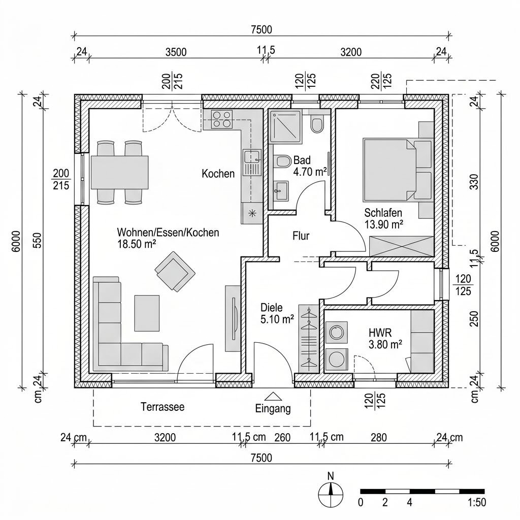 Plattegrond Anbau Cube 45 van McCube — 45 m², 2 kamers