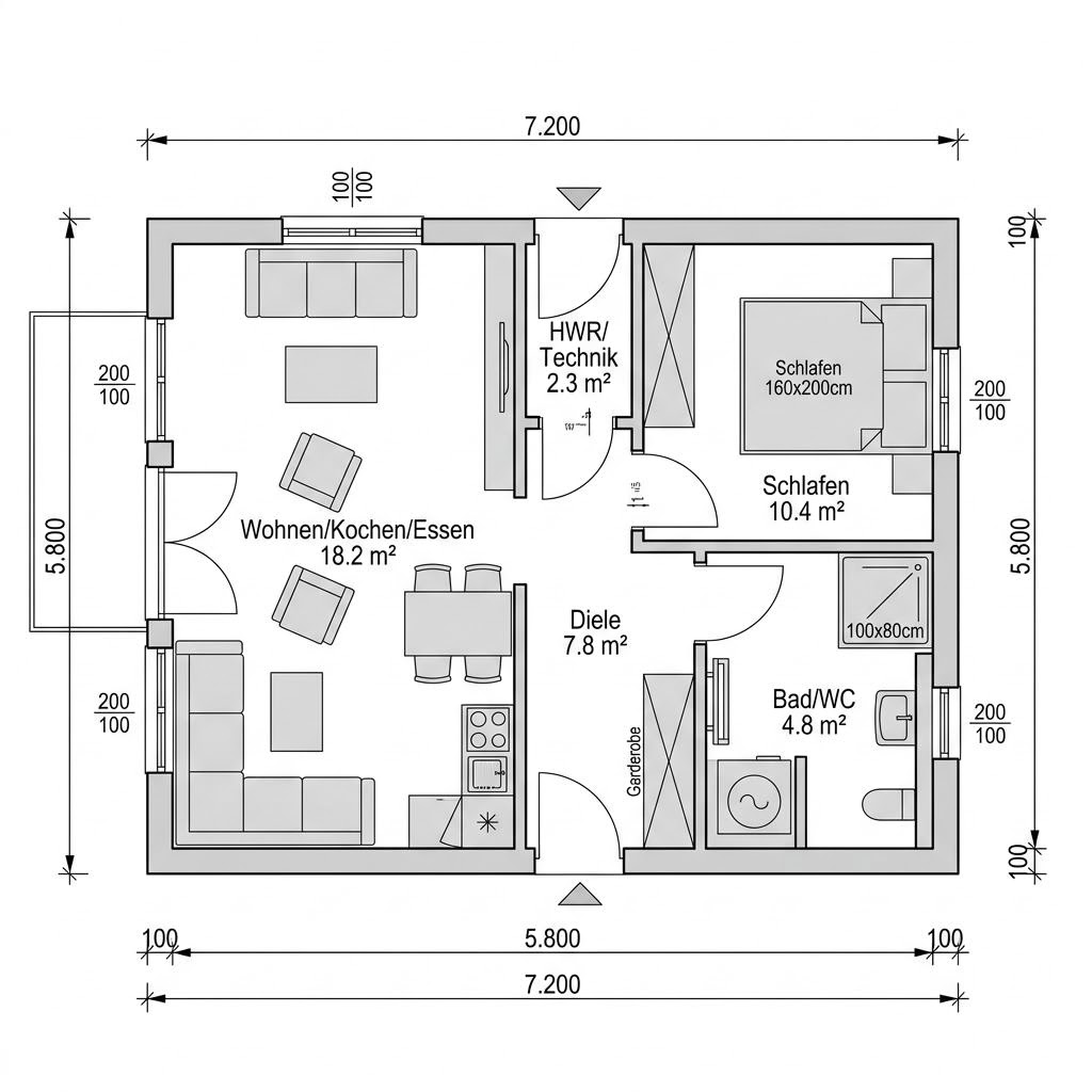 Plattegrond Tiny House Cube 40 van McCube — 40 m², 2 kamers