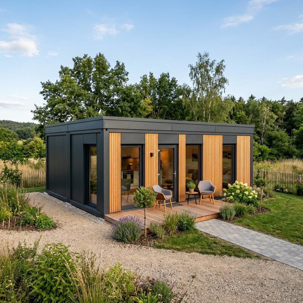 Containerwoning Wohncontainer W5 van Conliving met plat dak — prefab woning van 36 m²