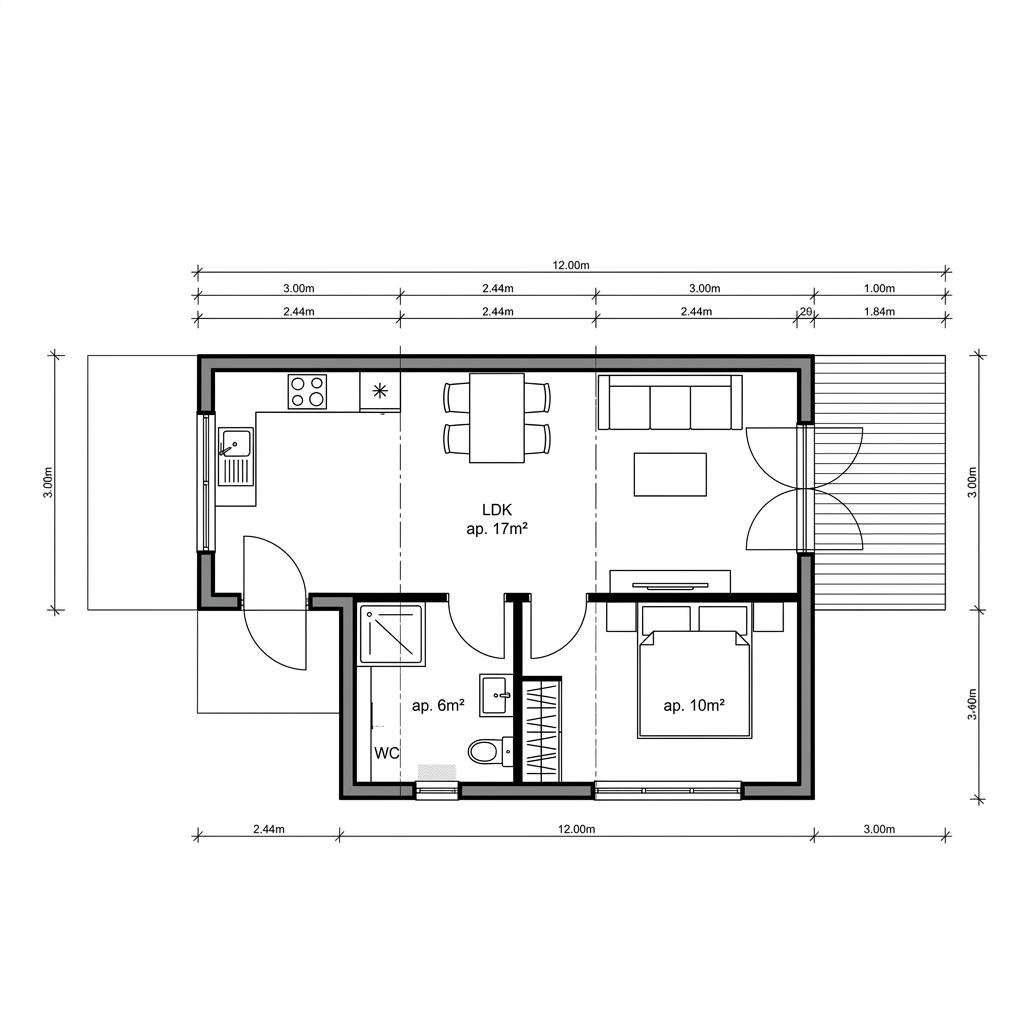 Plattegrond Wohncontainer W5 van Conliving — 36 m², 3 kamers