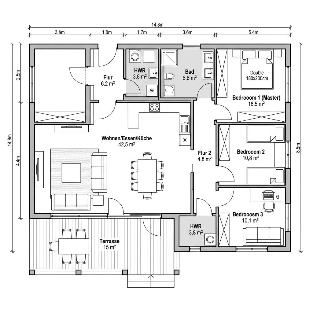 Plattegrond Wohncontainer W7 van Conliving — 101 m², 4 kamers