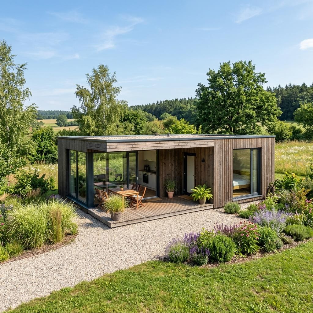Tiny house Modulhaus TR 02 van Dwellii House met plat dak — prefab woning van 48 m²