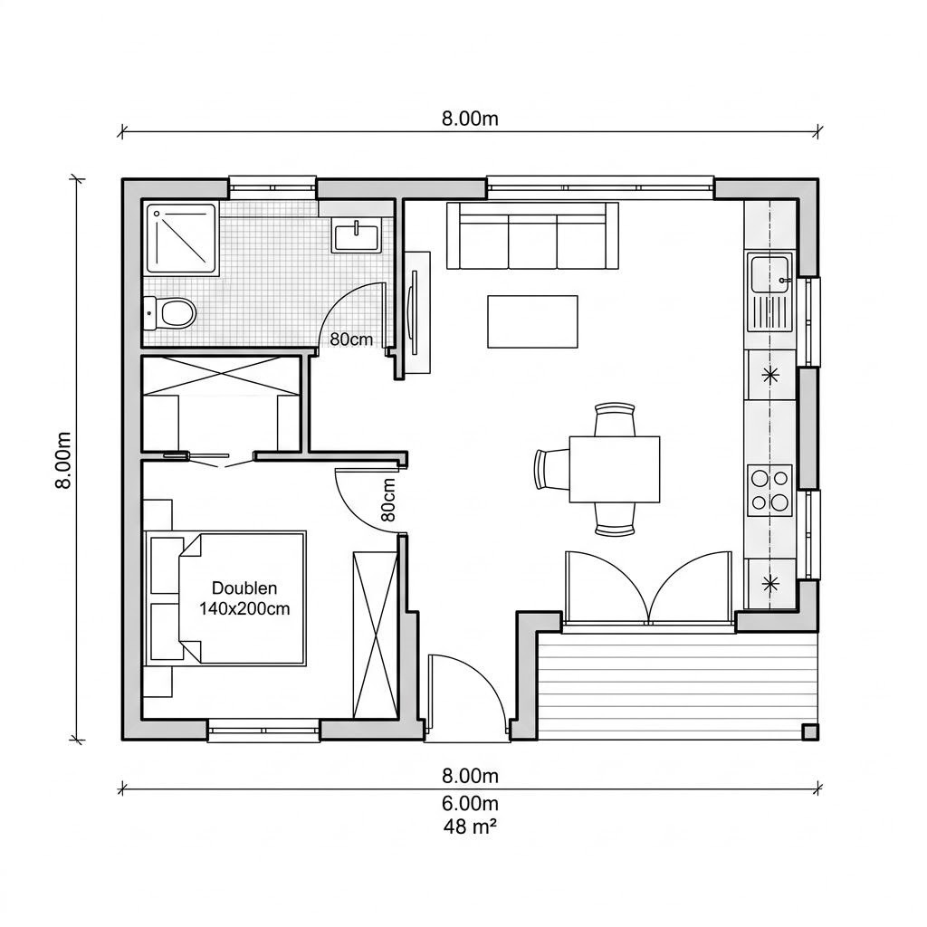 Plattegrond Modulhaus TR 02 van Dwellii House — 48 m², 2 kamers