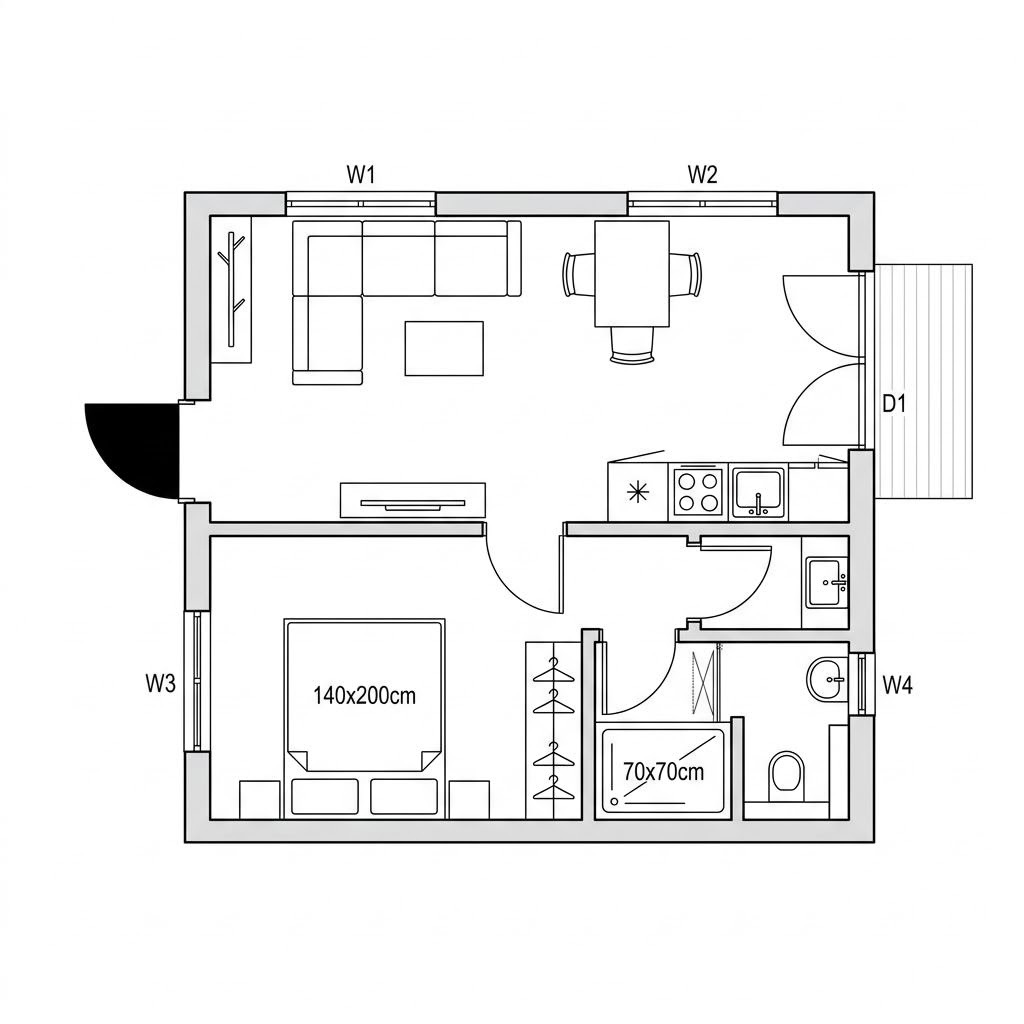 Plattegrond Tiny Haus Dwellii TR#01 van Dwellii House — 33 m², 2 kamers