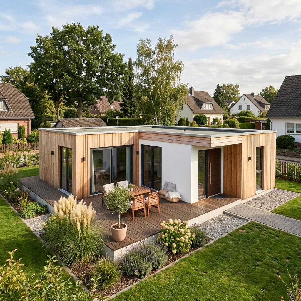 Modulaire woning F 10-049.9.1 FlyingSpace van SchwörerHaus met plat dak — prefab woning van 49 m²