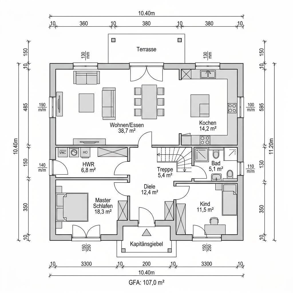 Plattegrond Kapitänshaus Amrum 155 van Nordic Haus — 155 m², 6 kamers