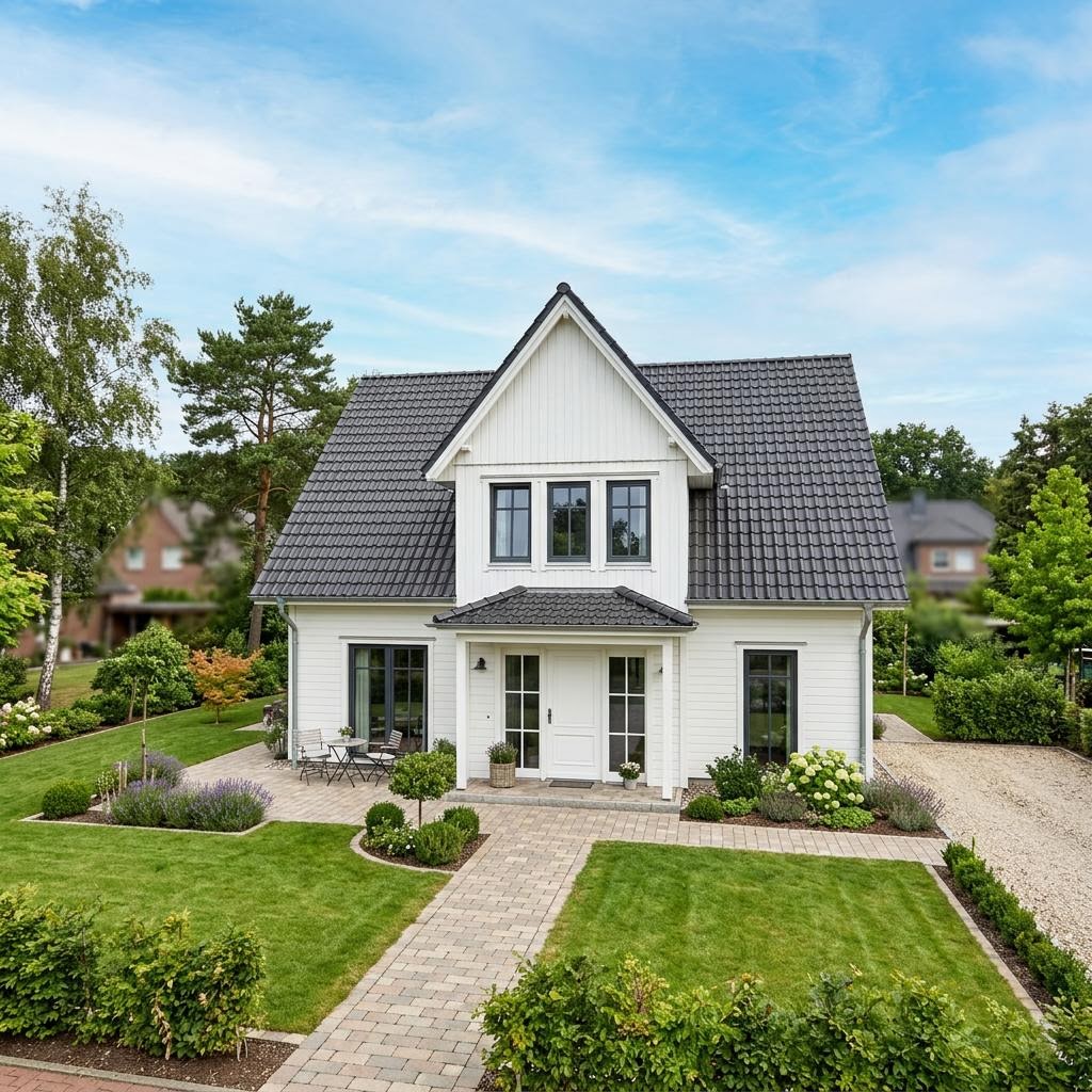 Kapiteinshuis Kapitänshaus Föhr 118 van Nordic Haus met dwerggevel met dakkapel — prefab woning van 118 m²