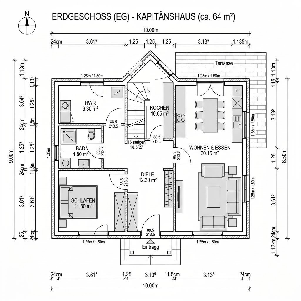 Plattegrond Kapitänshaus Husum 128 van Nordic Haus — 128 m², 5 kamers