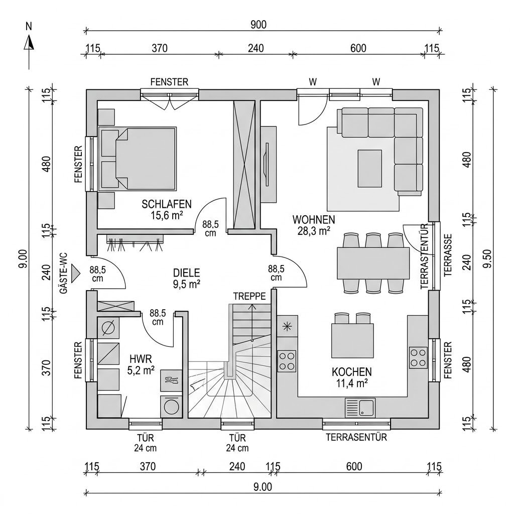 Plattegrond Kapitänshaus Wangerooge 138 van Nordic Haus — 138 m², 5 kamers
