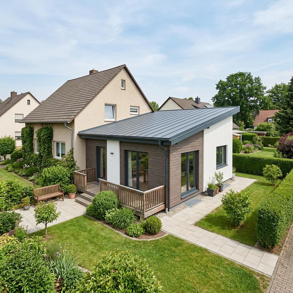 Aan- of opbouw Anbau Modul 62 van OKAL Haus met lessenaarsdak — prefab woning van 62 m²