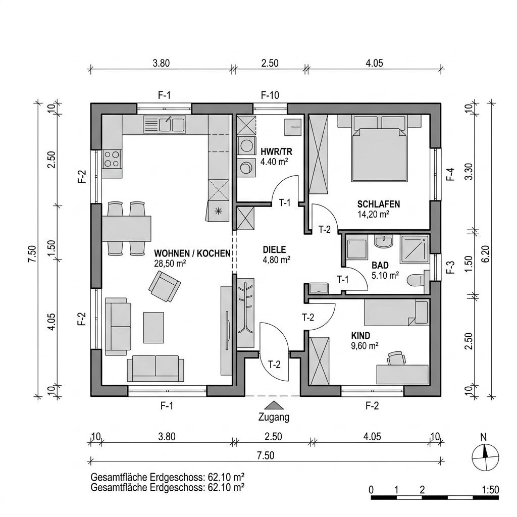 Plattegrond Anbau Modul 62 van OKAL Haus — 62 m², 3 kamers