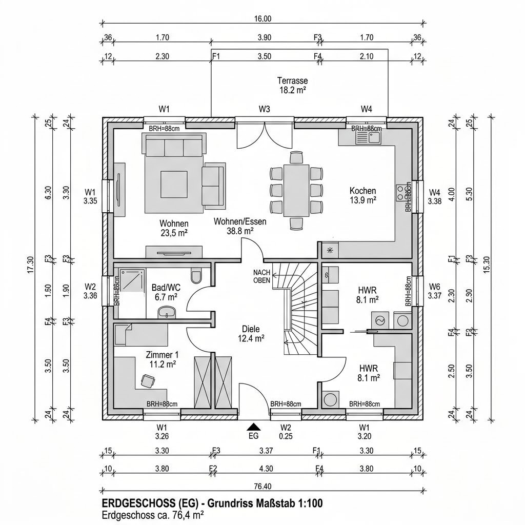 Plattegrond Stadtvilla Turm 152 van OKAL Haus — 152 m², 5 kamers