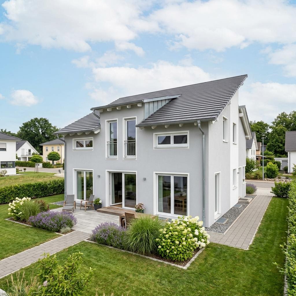 Eengezinswoning Modern Pult 142 van P & P Massivhaus met lessenaarsdak — prefab woning van 142 m²