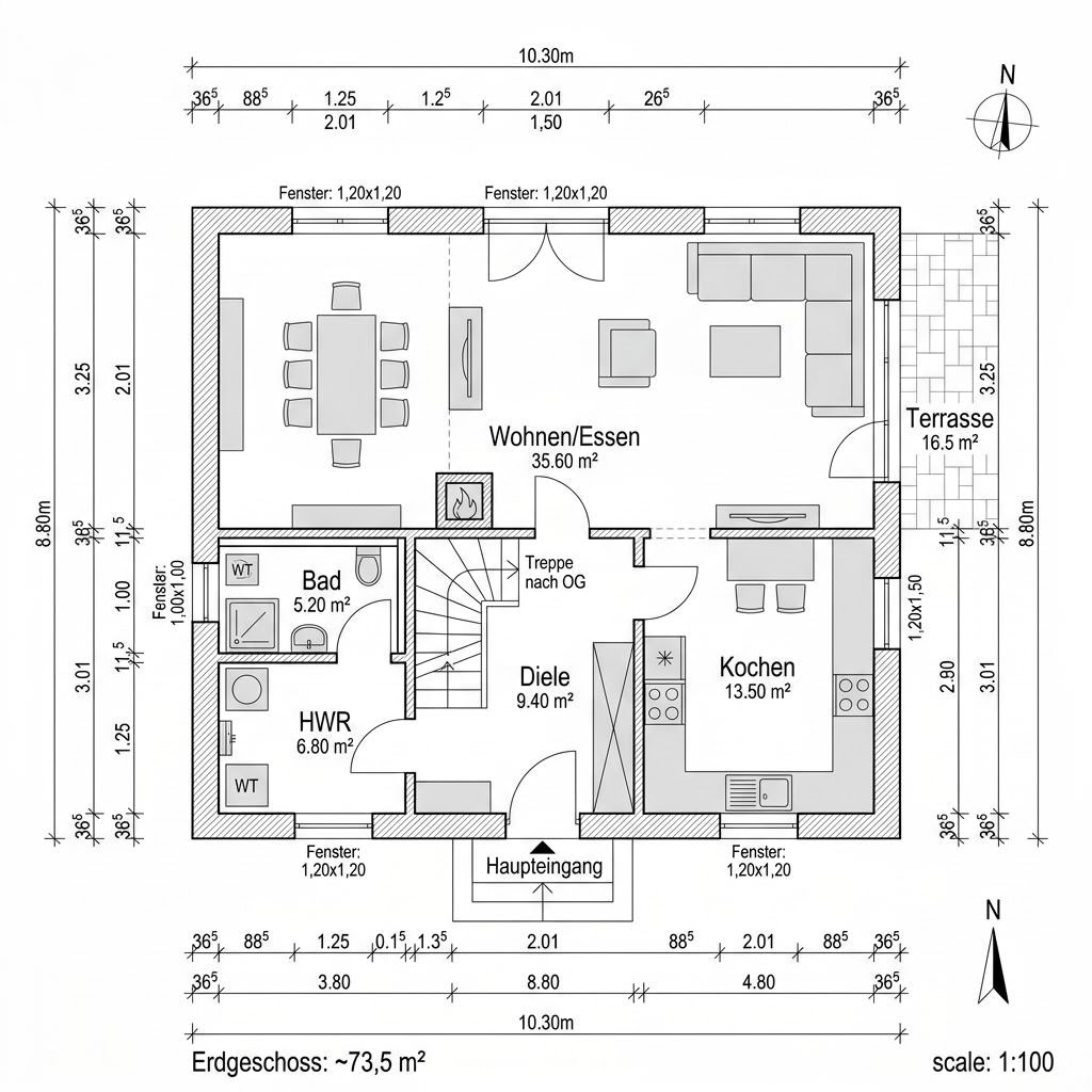 Plattegrond Modern Pult 142 van P & P Massivhaus — 142 m², 5 kamers