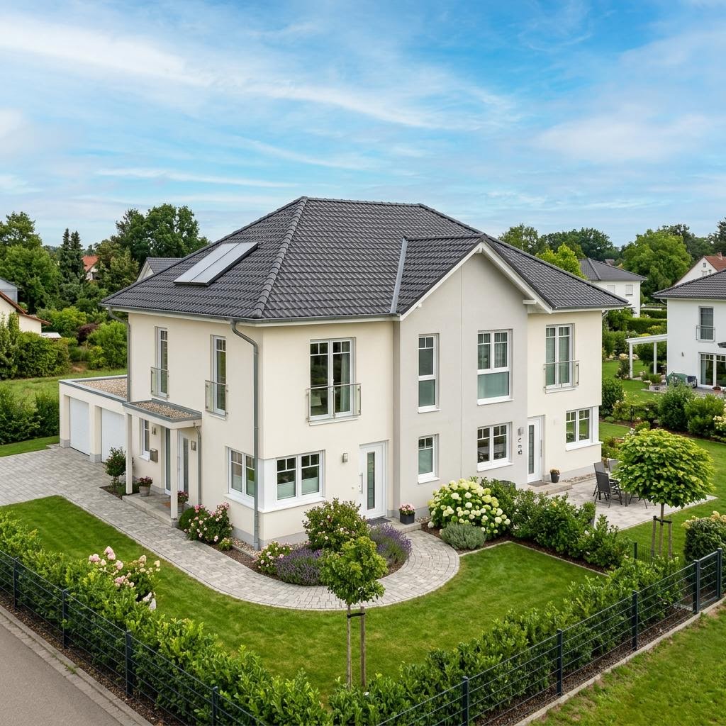 Tweegezinswoning Zweifamilienhaus Duplex 205 van P & P Massivhaus met wolfsdak — prefab woning van 205 m²