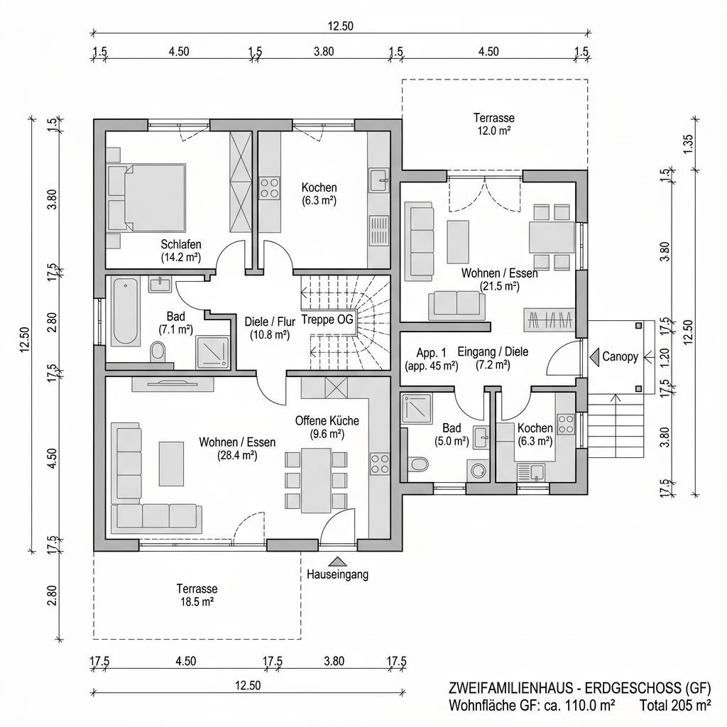 Plattegrond Zweifamilienhaus Duplex 205 van P & P Massivhaus — 205 m², 7 kamers