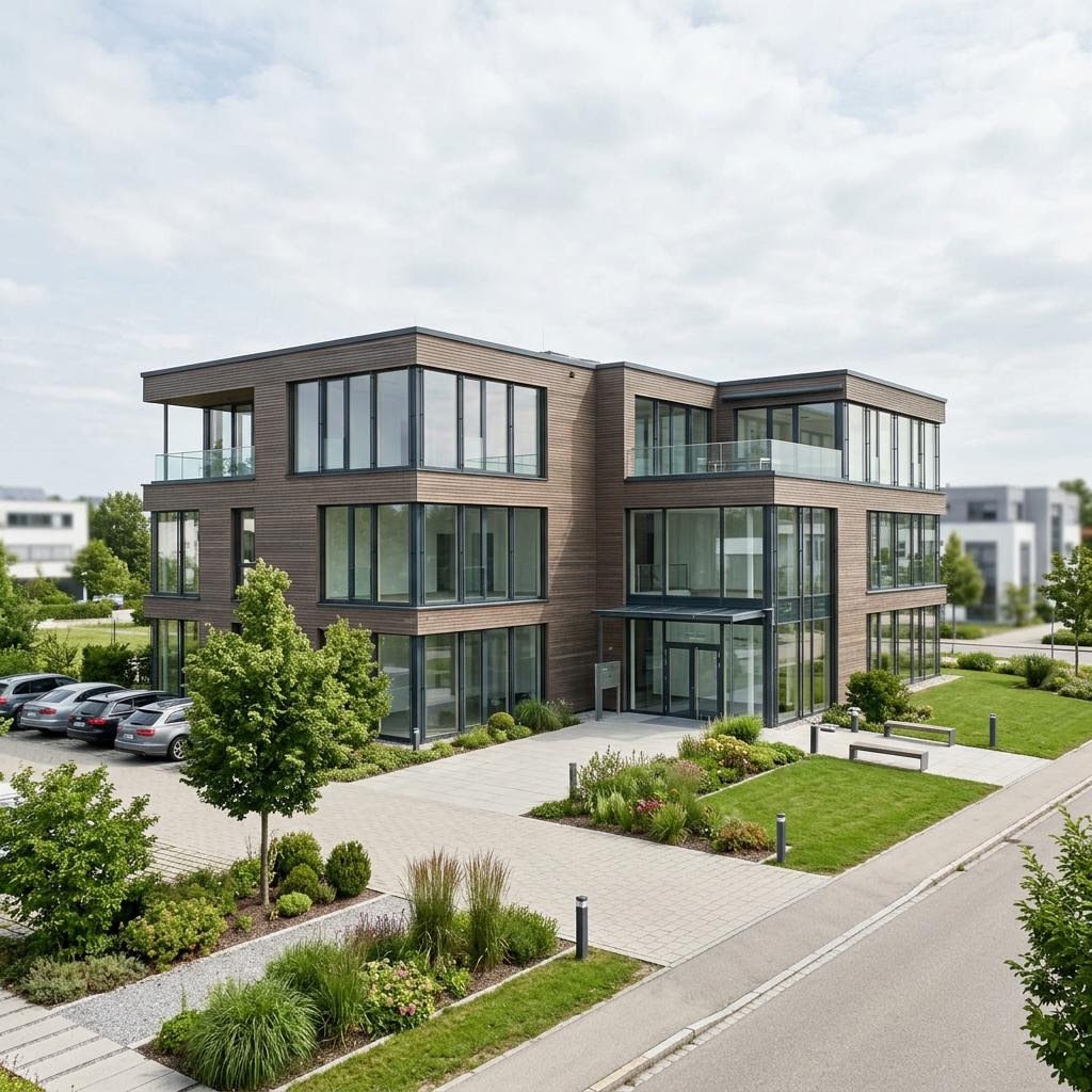 Bedrijfspand Bürogebäude Vital-Businessgebäude van Regnauer Hausbau met plat dak — prefab woning van 2000 m²