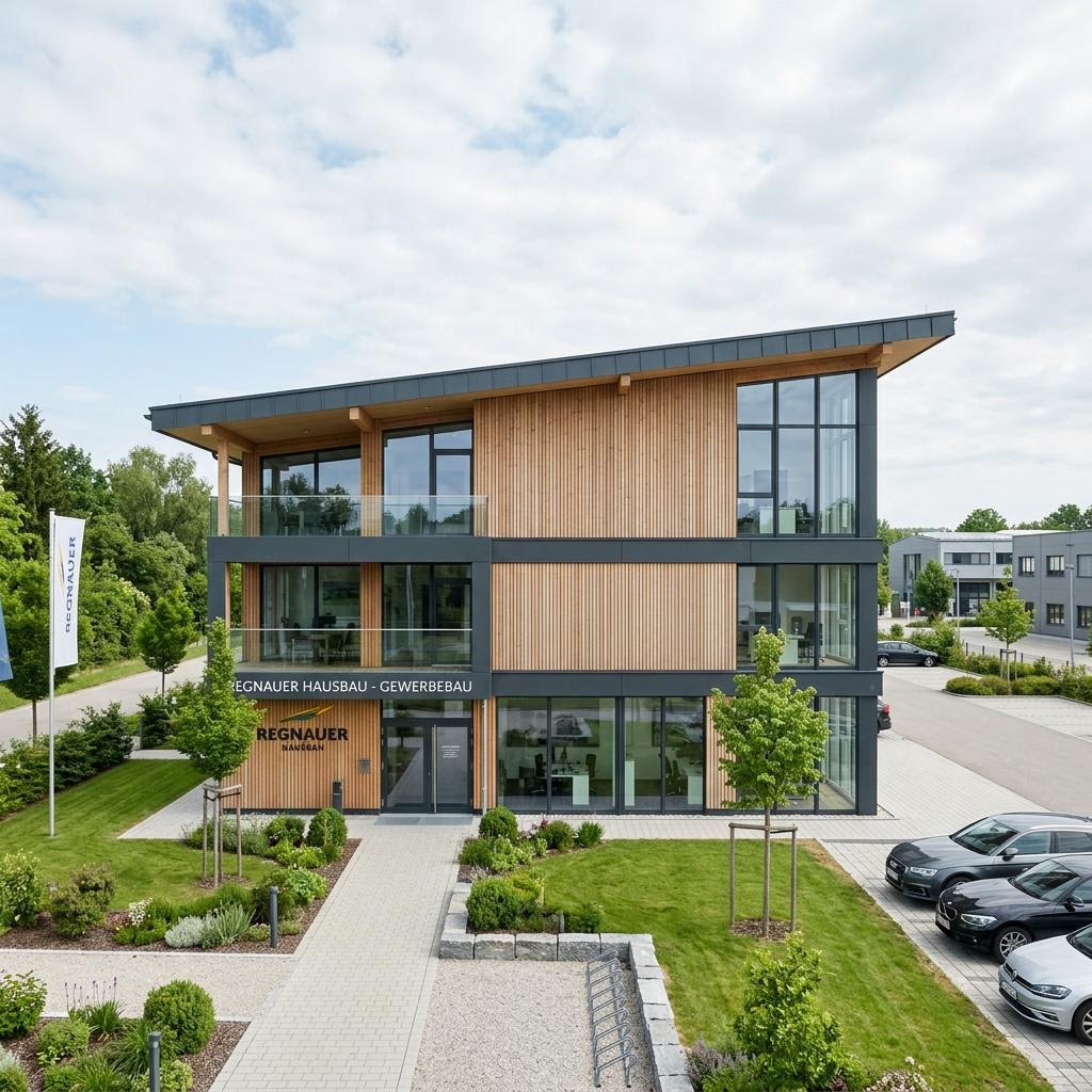 Bedrijfspand Gewerbebau Kombinierte Nutzung van Regnauer Hausbau met lessenaarsdak — prefab woning van 1500 m²