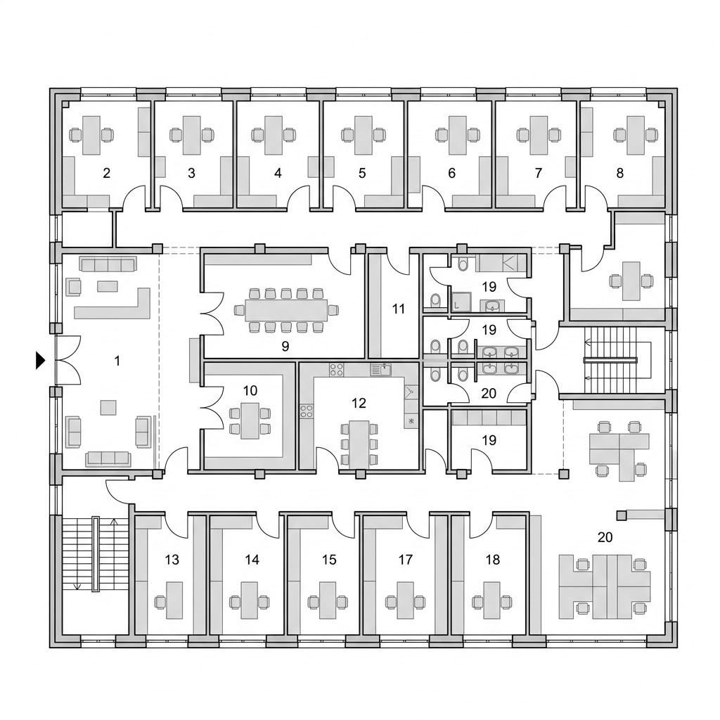 Plattegrond Gewerbebau Kombinierte Nutzung van Regnauer Hausbau — 1500 m², 20 kamers