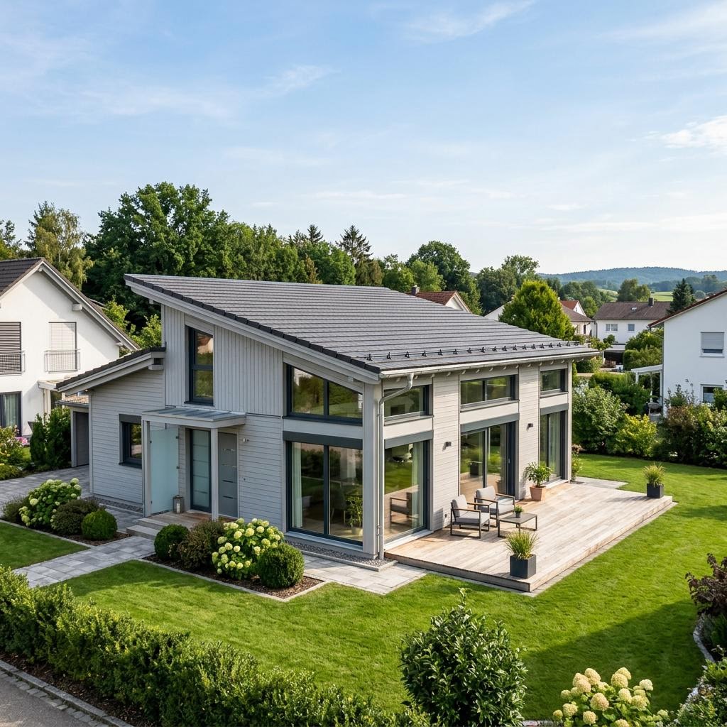 Aan- of opbouw Anbaumodul 72 van Regnauer Hausbau met lessenaarsdak — prefab woning van 72 m²
