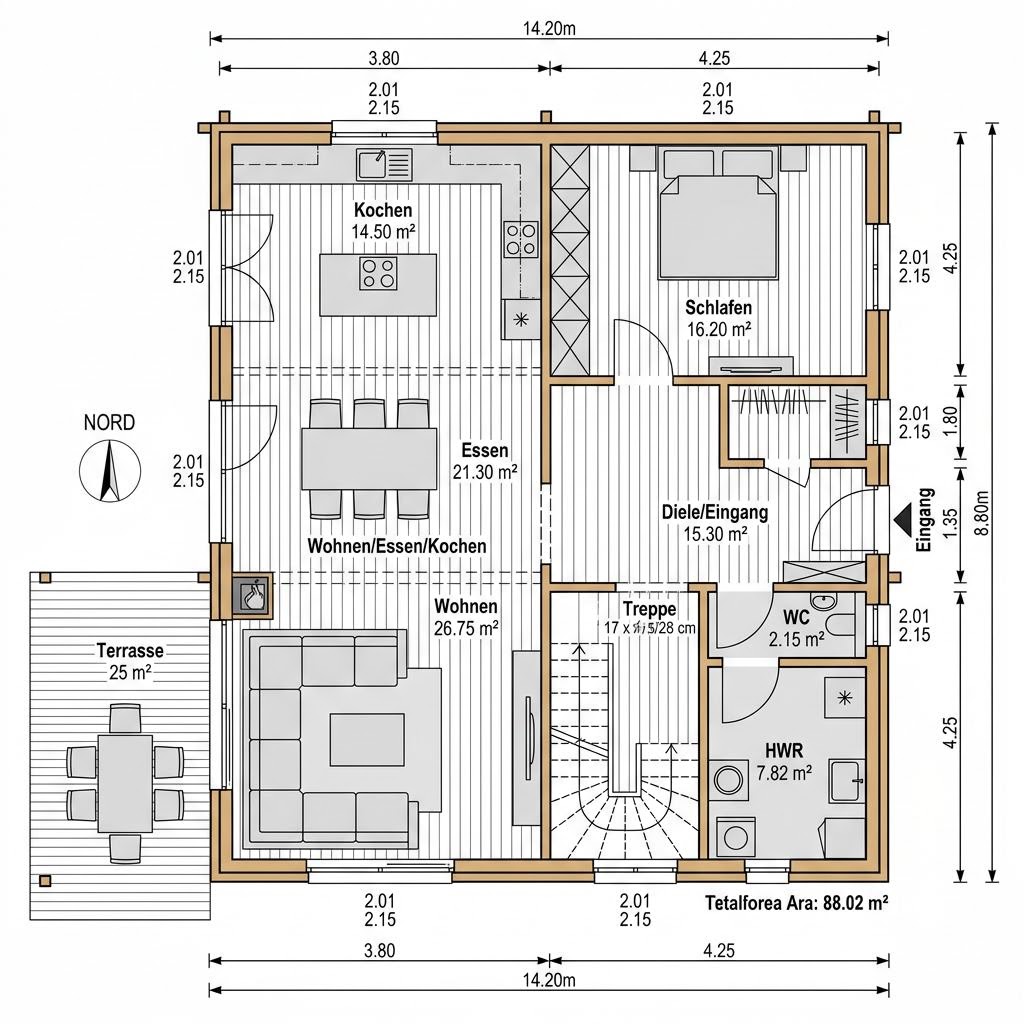 Plattegrond Holzhaus Chiemgau 172 van Regnauer Hausbau — 172 m², 6 kamers