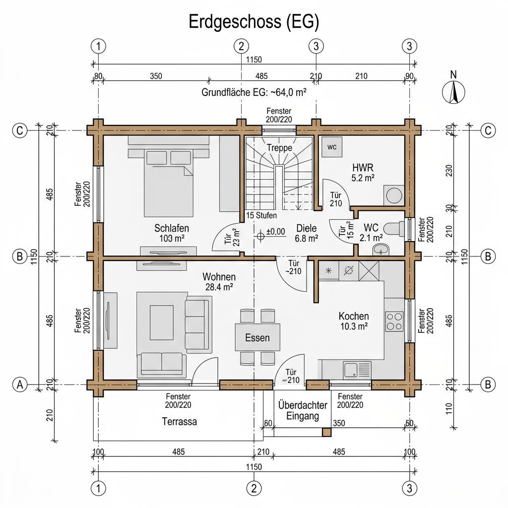 Plattegrond Holzhaus Inntal 128 van Regnauer Hausbau — 128 m², 4 kamers