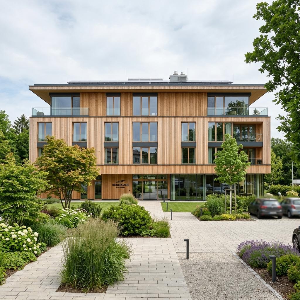 Bedrijfspand Hotelbau Vital-Businessgebäude van Regnauer Hausbau met plat dak — prefab woning van 2500 m²