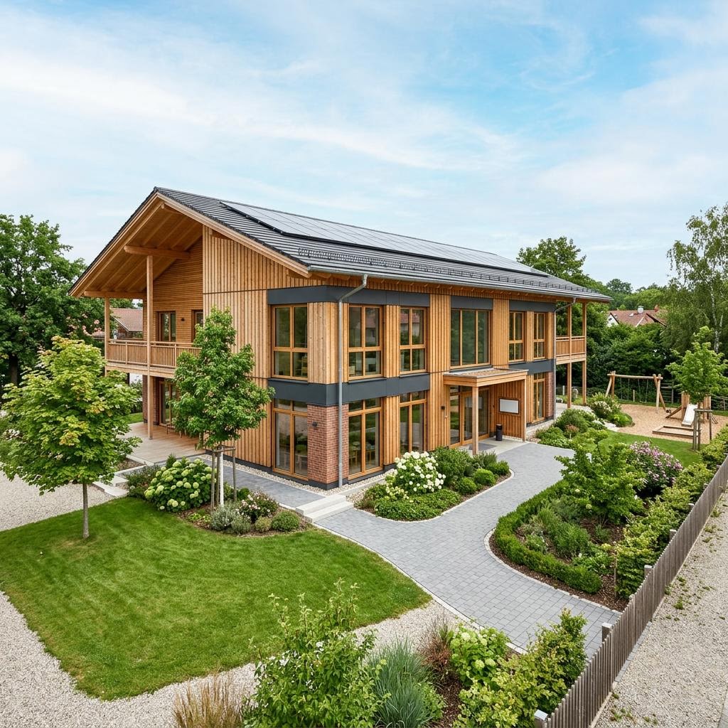 Bedrijfspand Kindergarten Vital-Businessgebäude van Regnauer Hausbau met zadeldak — prefab woning van 1200 m²