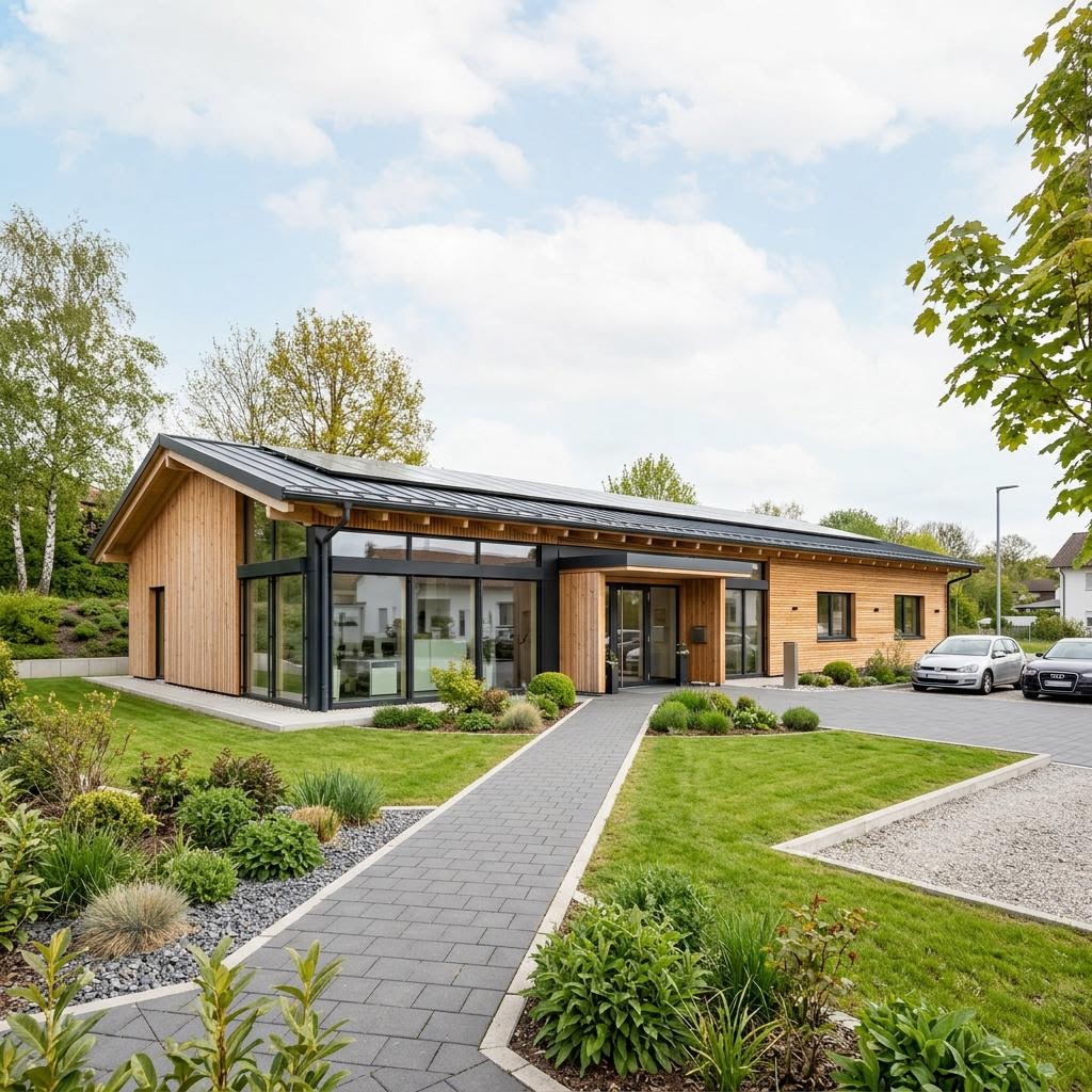 Bedrijfspand Verkaufsgebäude Vital-Businessgebäude van Regnauer Hausbau met lessenaarsdak — prefab woning van 900 m²