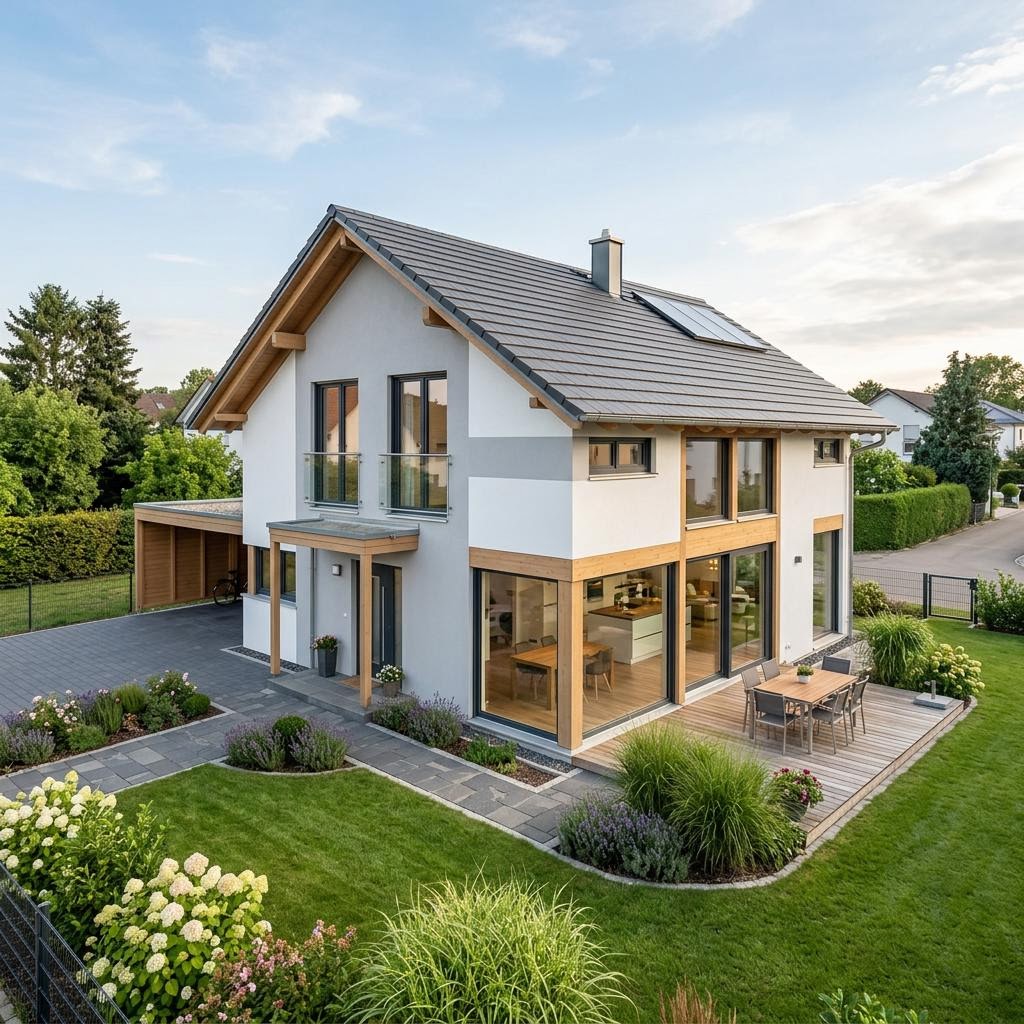 Eengezinswoning Familienhaus Sattel 145 van RENSCH-HAUS met zadeldak — prefab woning van 145 m²