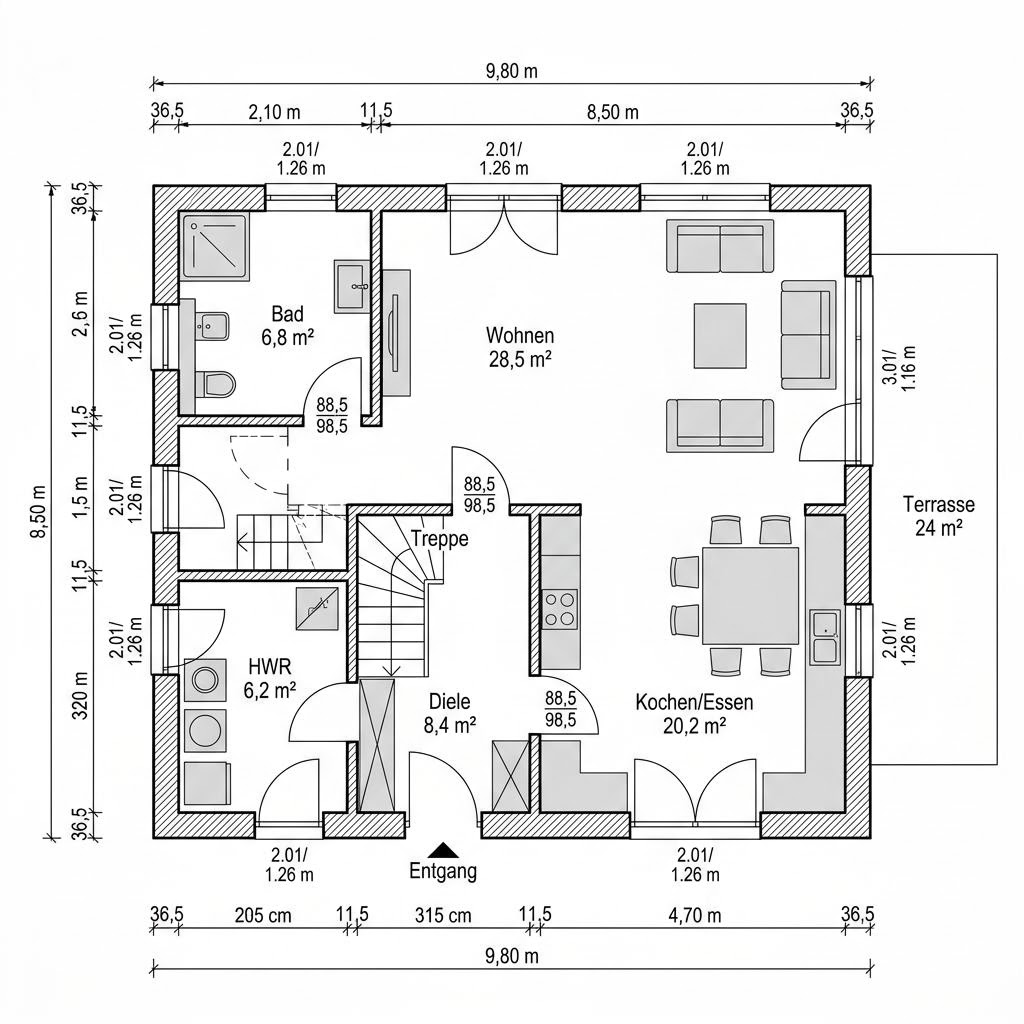 Plattegrond Familienhaus Sattel 145 van RENSCH-HAUS — 145 m², 5 kamers